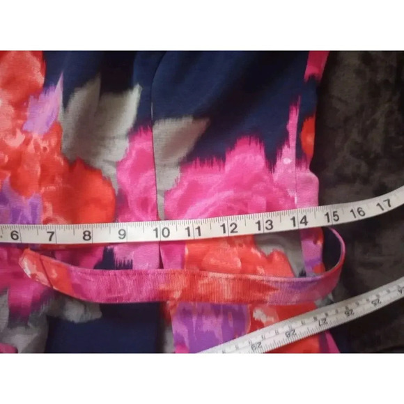 Eliza J Floral Mini Halter Dress Sz 6 Navy Pink Belted Fit In Flare Pockets - Picture 13 of 14